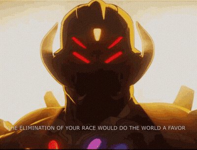 A Cartoon Of A Monster With The Words " The Elimination Of Your Race Would Do The World A Favor " GIF