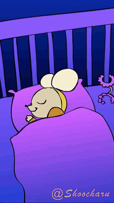 A Cartoon Of A Mouse Sleeping In A Crib With The Name Shoochara On The Bottom GIF