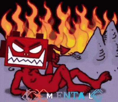 A Cartoon Of A Naked Devil With A Box On His Head Surrounded By Flames . GIF