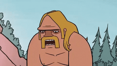 A Cartoon Of A Naked Man With A Mustache And Long Blonde Hair Standing In The Woods . GIF