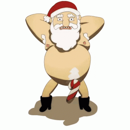 A Cartoon Of A Naked Santa Claus With A Candy Cane In His Butt GIF