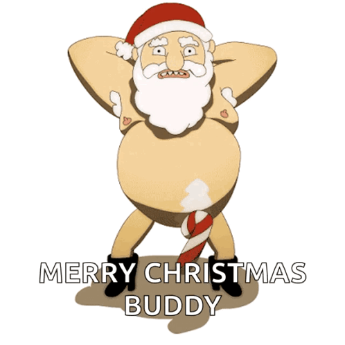 A Cartoon Of A Naked Santa Claus With A Candy Cane In His Butt And The Words Merry Christmas Buddy Below Him GIF