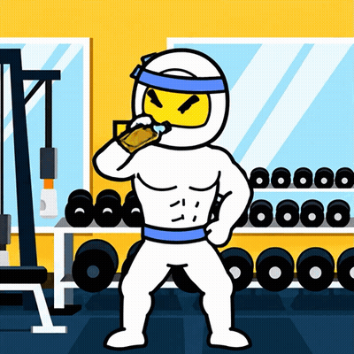 A Cartoon Of A Ninja Drinking A Drink In A Gym GIF