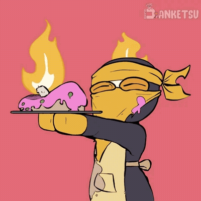 A Cartoon Of A Ninja Holding A Tray With A Cake On It And The Word Anketsu On The Bottom Right GIF