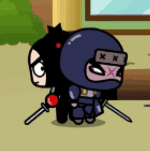 A Cartoon Of A Ninja Holding Two Swords Next To A Black Cat GIF