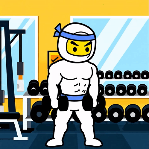 A Cartoon Of A Ninja In A Gym Lifting Dumbbells GIF
