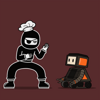 A Cartoon Of A Ninja Kicking A Robot That Has The Letter H On It GIF