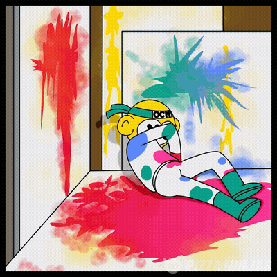 A Cartoon Of A Ninja Laying On The Floor With Paint Splashing On The Floor GIF