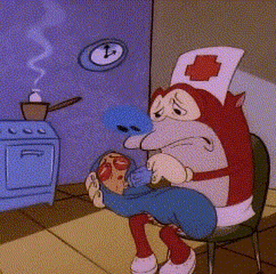 A Cartoon Of A Nurse Holding A Child With A Clock In The Background GIF