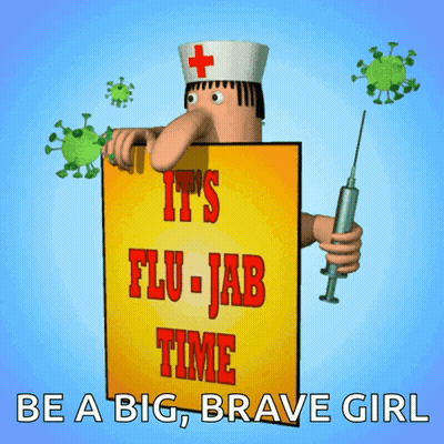 A Cartoon Of A Nurse Holding A Syringe And A Sign That Says It 'S Flu-Jab Time GIF