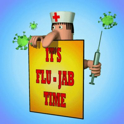 A Cartoon Of A Nurse Holding A Syringe And A Sign That Says It 'S Flu-Jabb Time GIF