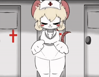 A Cartoon Of A Nurse With A Red Cross On Her Hat Standing In Front Of Two Doors . GIF