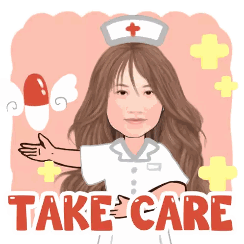 A Cartoon Of A Nurse With The Words Take Care Sticker