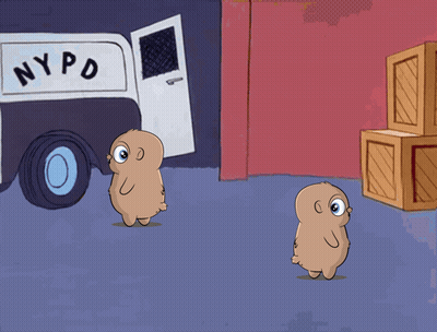 A Cartoon Of A Nypd Van With Two Animals Standing In Front Of It GIF