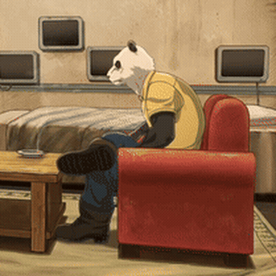 A Cartoon Of A Panda Bear Sitting In A Red Chair GIF