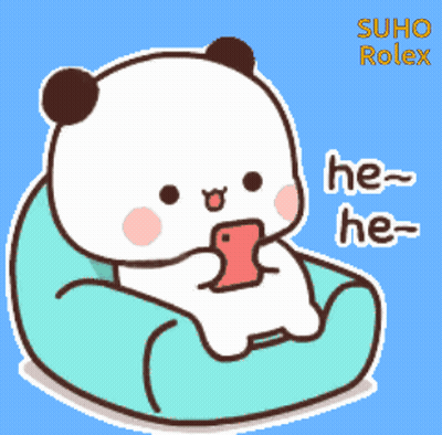 A Cartoon Of A Panda Bear Sitting On A Bean Bag Chair Holding A Cell Phone GIF