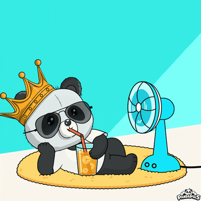 A Cartoon Of A Panda Bear Wearing A Crown Drinking A Drink Next To A Fan GIF