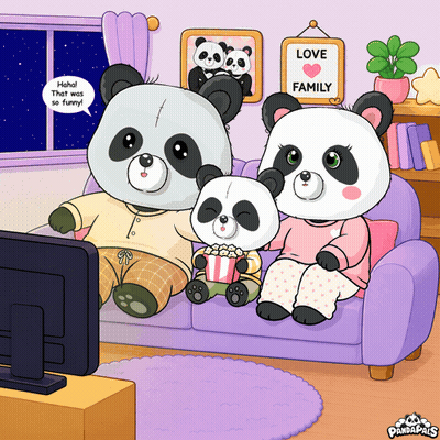 A Cartoon Of A Panda Family Sitting On A Couch Watching Tv GIF