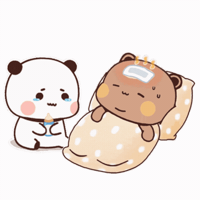 A Cartoon Of A Panda Holding A Bottle Next To A Bear Laying In Bed GIF
