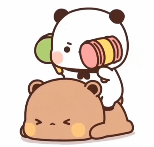 A Cartoon Of A Panda Holding A Can On Top Of Another Bear GIF