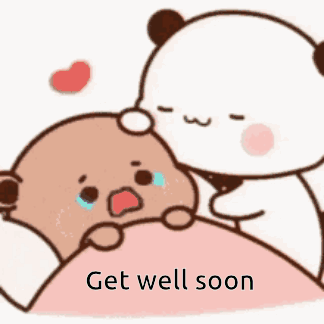 A Cartoon Of A Panda Hugging A Crying Bear With The Words `` Get Well Soon '' Written Below It . GIF