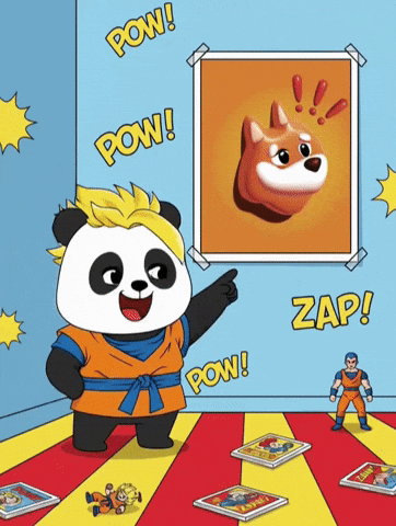 A Cartoon Of A Panda Pointing At A Picture With The Words Pow And Zap GIF