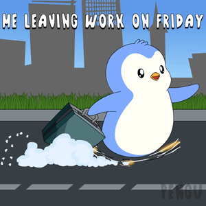 A Cartoon Of A Penguin Carrying A Briefcase With The Words " He Leaving Work On Friday " GIF