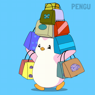 A Cartoon Of A Penguin Carrying A Stack Of Shopping Bags Under The Word Pengu GIF