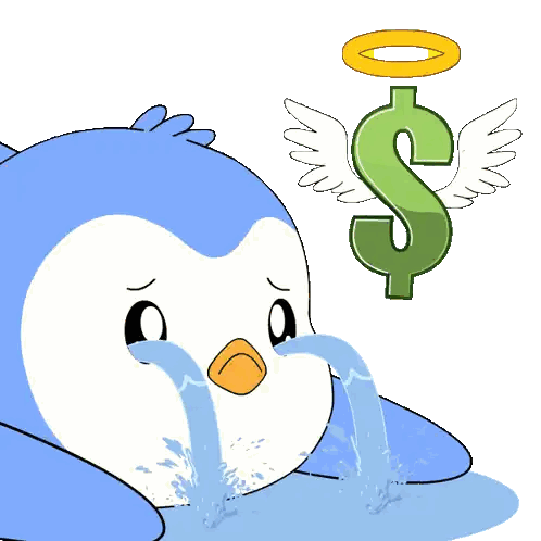 A Cartoon Of A Penguin Crying Next To A Dollar Sign With Wings Sticker