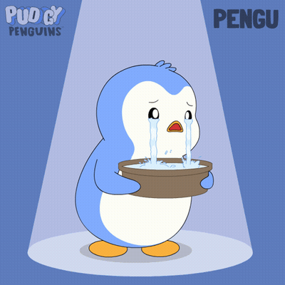 A Cartoon Of A Penguin Crying While Holding A Bowl Of Water With The Name Pengu On The Bottom GIF