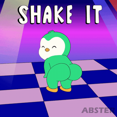 A Cartoon Of A Penguin Dancing With The Words Shake It Behind Him GIF