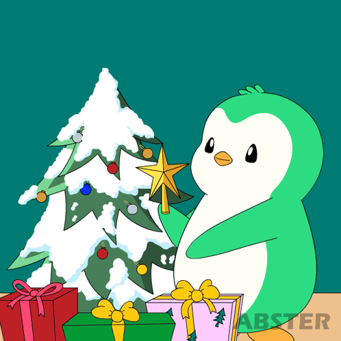 A Cartoon Of A Penguin Decorating A Christmas Tree With A Star GIF