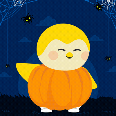 A Cartoon Of A Penguin Dressed As A Pumpkin GIF