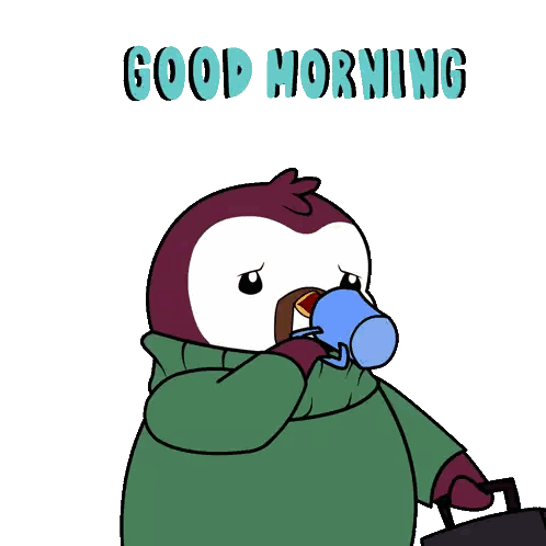 A Cartoon Of A Penguin Drinking From A Blue Mug With The Words Good Morning Written Above It Sticker