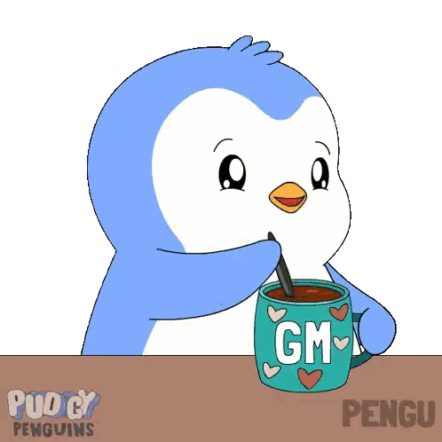 A Cartoon Of A Penguin Drinking From A Mug That Says Gm Sticker