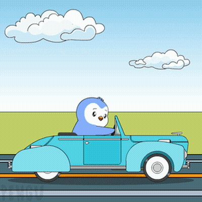 A Cartoon Of A Penguin Driving A Blue Convertible Car GIF