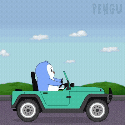 A Cartoon Of A Penguin Driving A Car With The Word Pengu On The Bottom Right GIF