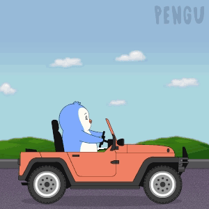 A Cartoon Of A Penguin Driving A Car With The Word Pengu On The Bottom Right GIF
