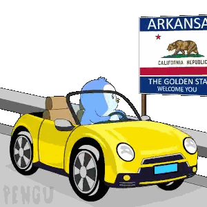 A Cartoon Of A Penguin Driving A Yellow Car In Front Of An Arkansas Welcome Sign Sticker