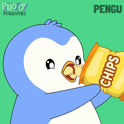 A Cartoon Of A Penguin Eating A Bag Of Chips With The Name Pengu On The Bottom GIF