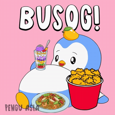 A Cartoon Of A Penguin Eating A Bucket Of Chicken And A Glass Of Ice Cream With The Word Busog Above It GIF