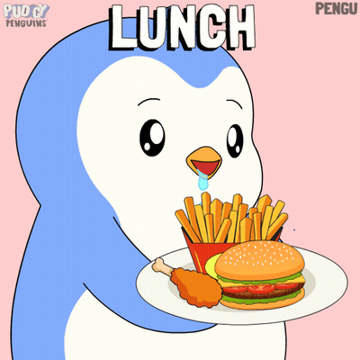 A Cartoon Of A Penguin Eating A Hamburger And French Fries From A Plate GIF