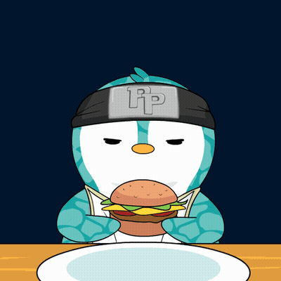 A Cartoon Of A Penguin Eating A Hamburger With A Flashlight On His Head GIF