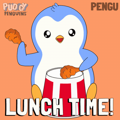 A Cartoon Of A Penguin Eating A Kfc Chicken Leg With The Words Lunch Time Below It GIF