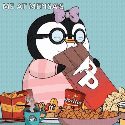 A Cartoon Of A Penguin Eating A Large Bar Of Chocolate GIF