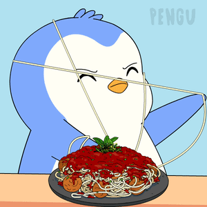 A Cartoon Of A Penguin Eating Spaghetti With The Word Pengu On The Bottom Right GIF