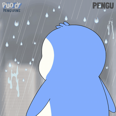 A Cartoon Of A Penguin Fishing In A River With The Word Pengu Below It GIF