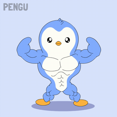 A Cartoon Of A Penguin Flexing His Muscles With The Word Pengu Behind Him GIF