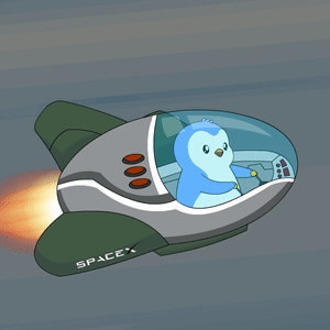 A Cartoon Of A Penguin Flying In A Space Shuttle GIF