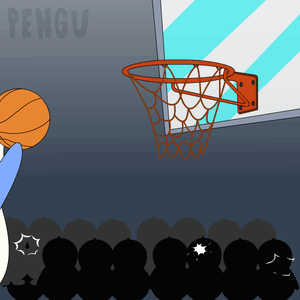 A Cartoon Of A Penguin Holding A Basketball In Front Of A Basketball Hoop That Says Pengu GIF